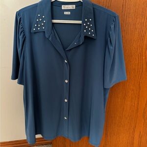 89th & Madison Blue Short Sleeve Button Down Blouse with Embellished Collar